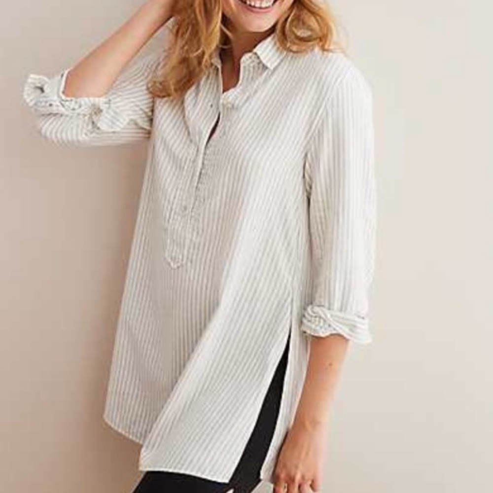 Aerie grey and white long striped button up shirt with side slits